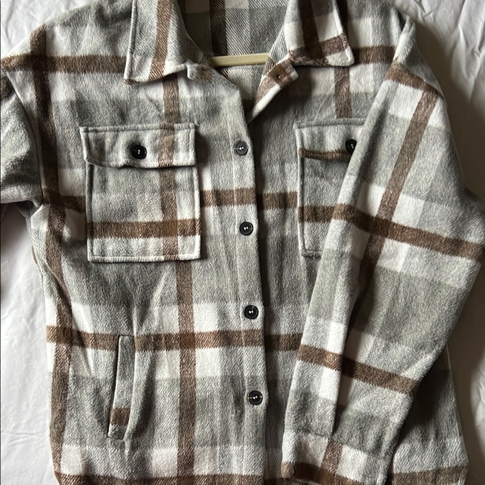 Gray and Brown Utility Jacket with Plaid Pattern